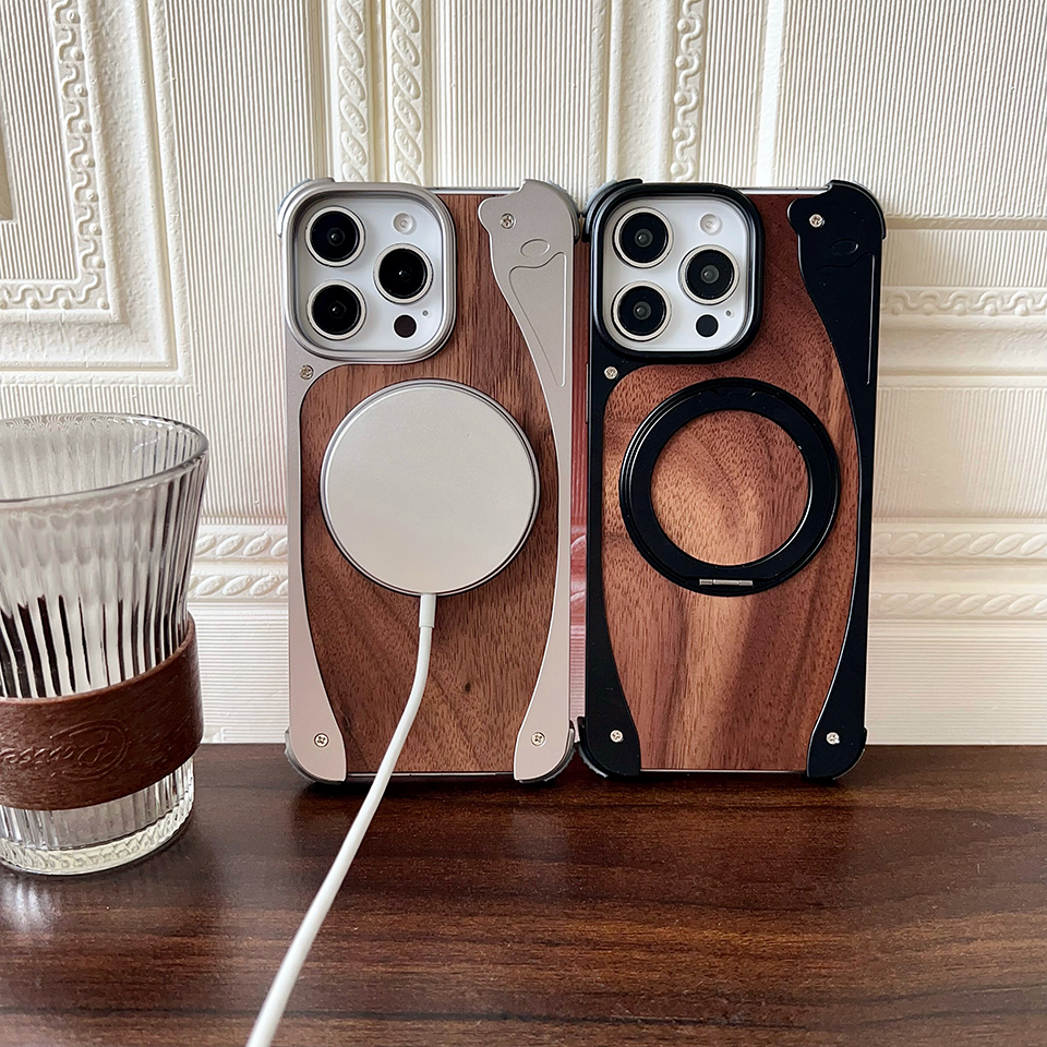 Luxury Walnut Wood MagSafe Case with Built-in Aluminum Swivel Stand for iPhone 15 pro /15 pro Max