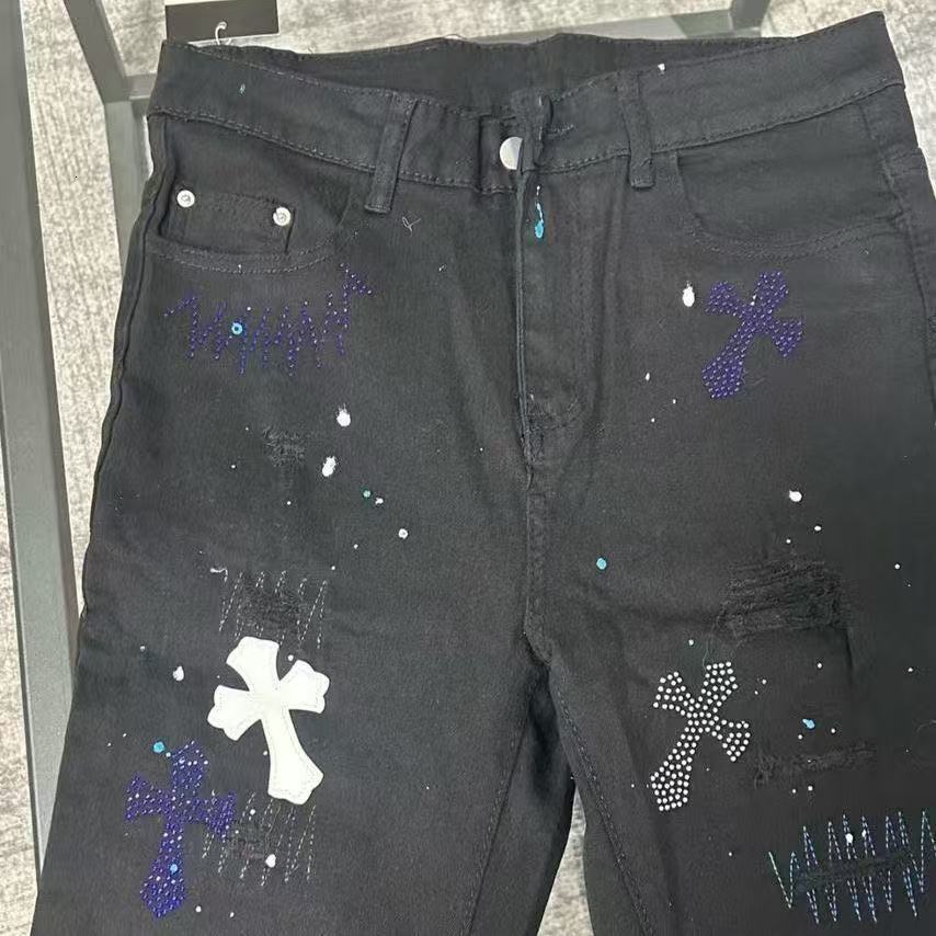 Luxury Brand Designer Clothes High Street Black Cross Rhinestone Distressed Jeans For Men, Trendy Vintage Print Slim-Fit Casual Pants In Japanese Styl - view 5