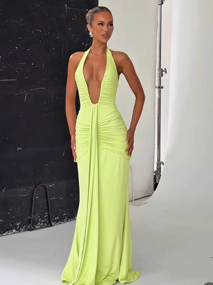 kliou Shirring Halter Women Maxi Dress Classic Solid Low Neck Backless Ribbons Sheath Long Robe Female Simple Elegant Vestidos C260331