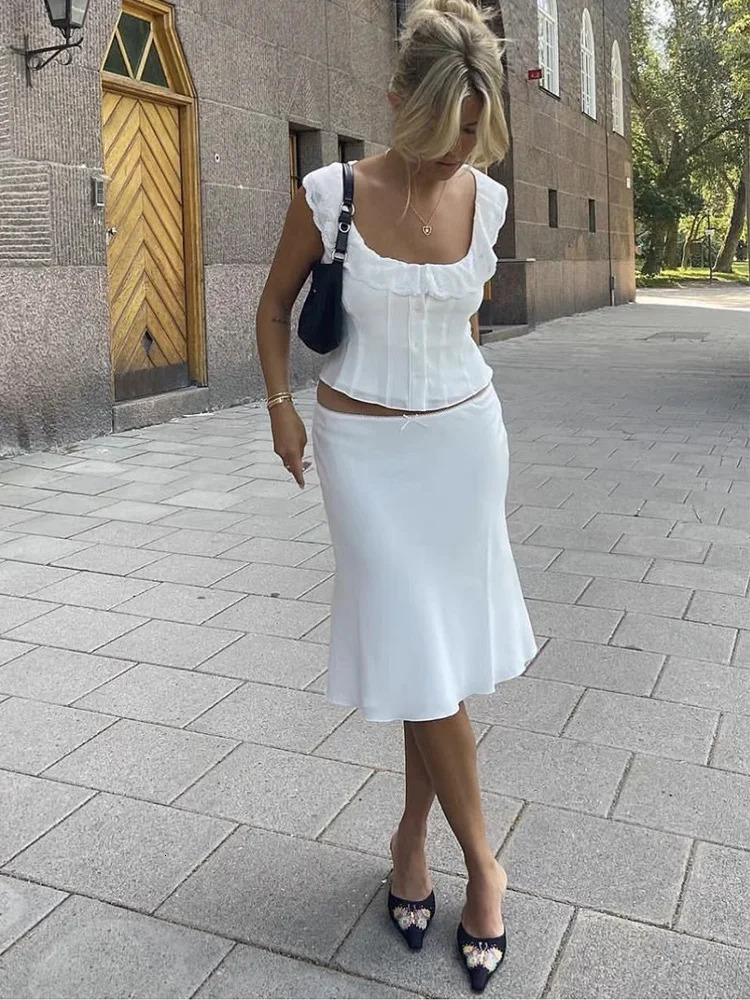 Foridol White Lace Summer Women Set Sleeveless Crop Topmidi Skirt Outfits Beach Holiday Chic Vintage Sundress Dress Set 260330