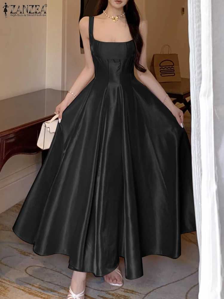 ZANZEA Womens Elegant White Satin Long Dresses Wedding Guest Cocktail Evening Party Dress Square Neck Sleeveless Woman Clothes C260331