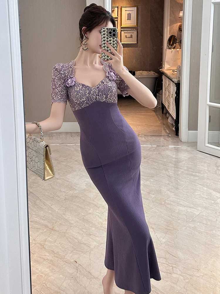 Elegant Evening Dress Womens French Sweet Sheer Lace Splice Fishtail Robe Female Party Catwalk Vestidos Banquet Clothes C260331