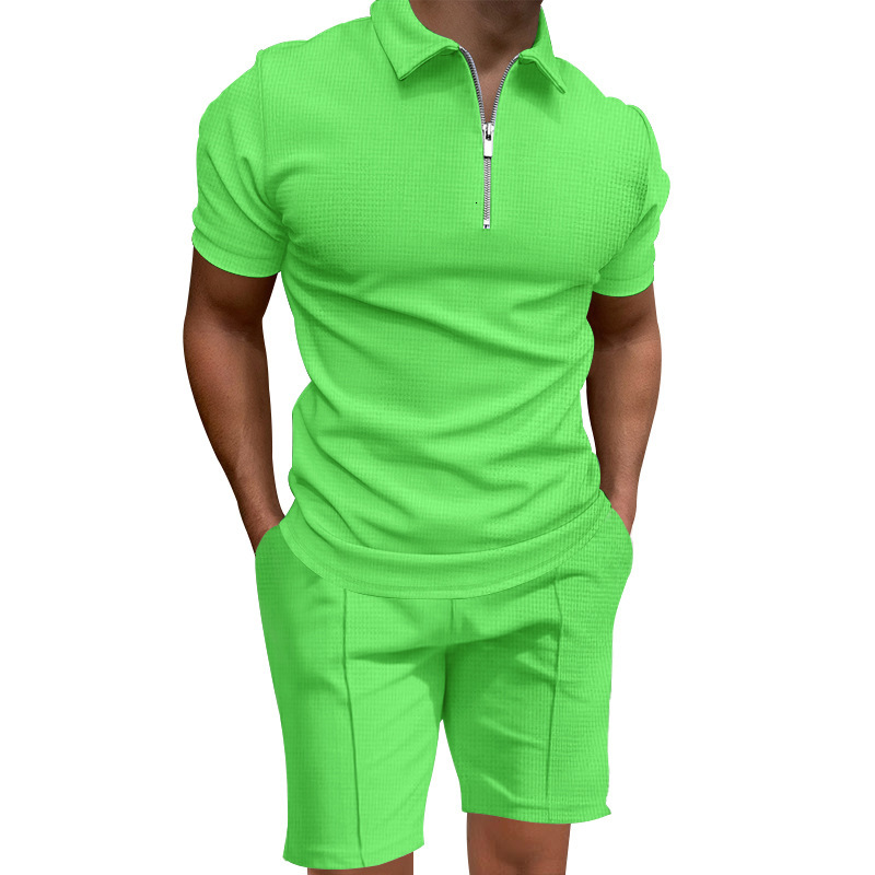 2025 Summer Mens Polo Shirt Set Solid Color Waffle Short Sleeve Slim Fit Turn-down Collar T-shirt Casual Mens Style