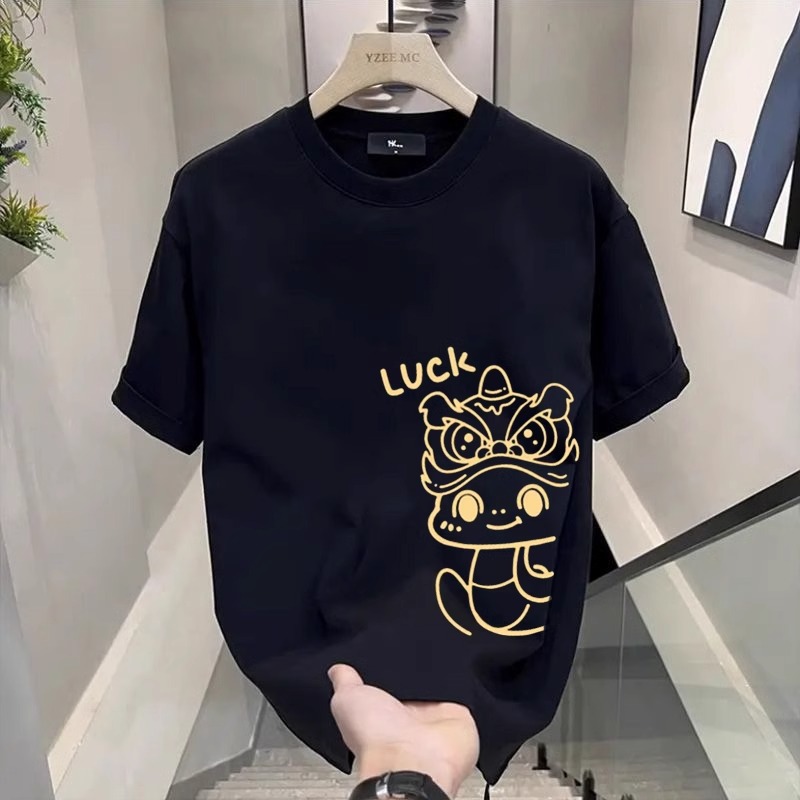 Men's 100% Cotton T-Shirt, Chinese Year of The Snake Graphic Tee, Casual Loose Fit, Streetwear Short Sleeve Tops for Students