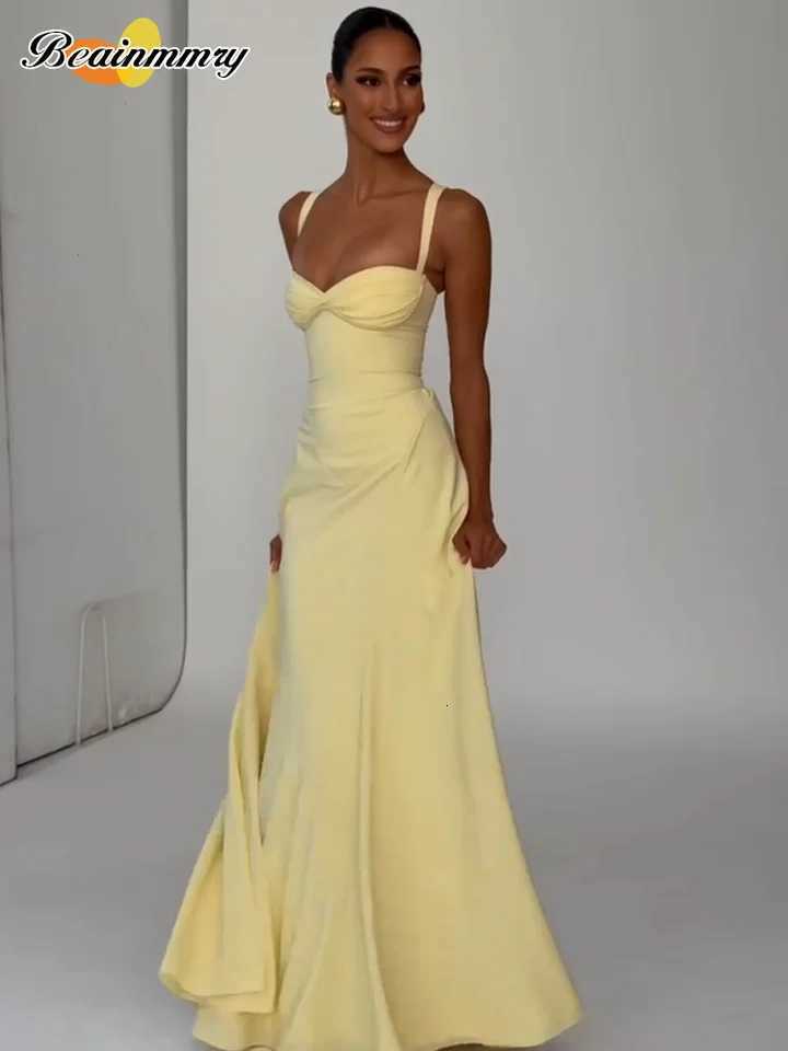 Yellow Low Cut Backless Lace Up High Waisted Maxi Dress Sleeveless Waist Cincher Spaghetti Strap Vestidos Party Club Women Robe C260331