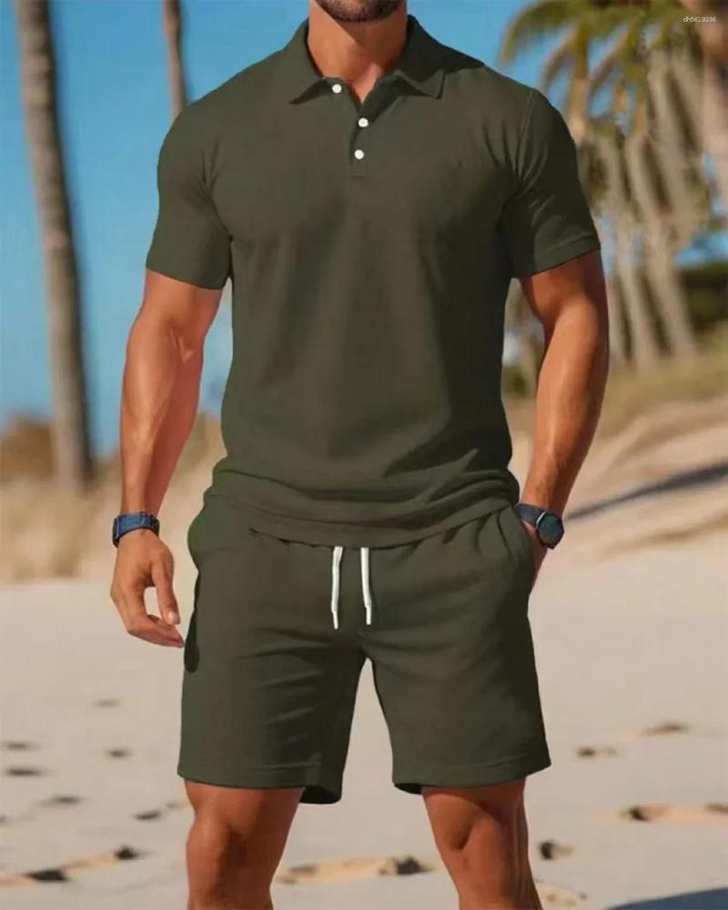 Men's Tracksuits Men's Business Casual Beach Sports Two-piece Set Drawstring Elastic Waist Shorts Button Access Control Lapeltop