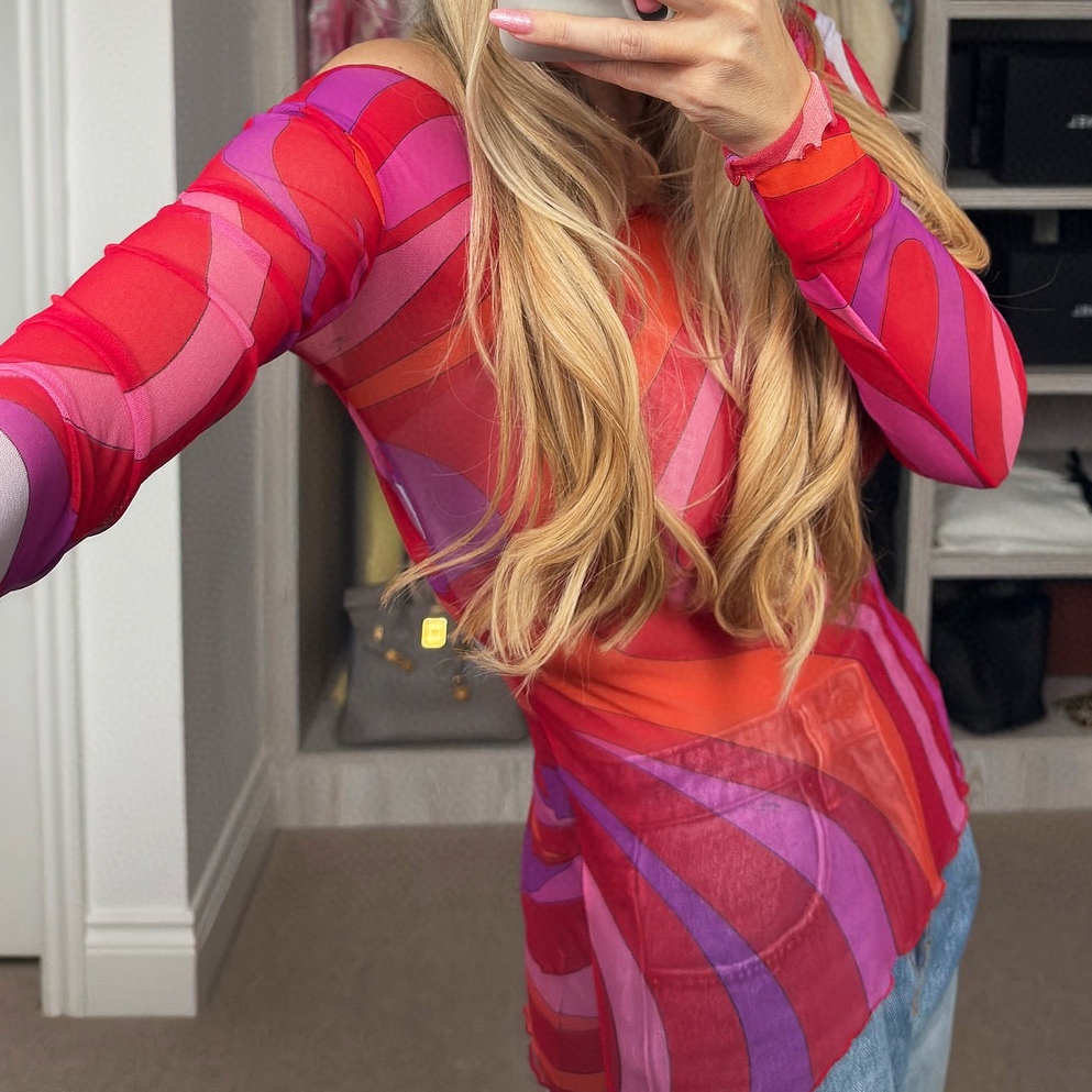 Designer Clothes Women Luxury Chiffon Blouse Vortex Pattern Printed Sheer Top Ruffled Collar Fitted Long Sleeves Women Beach Vacation Holiday Tops