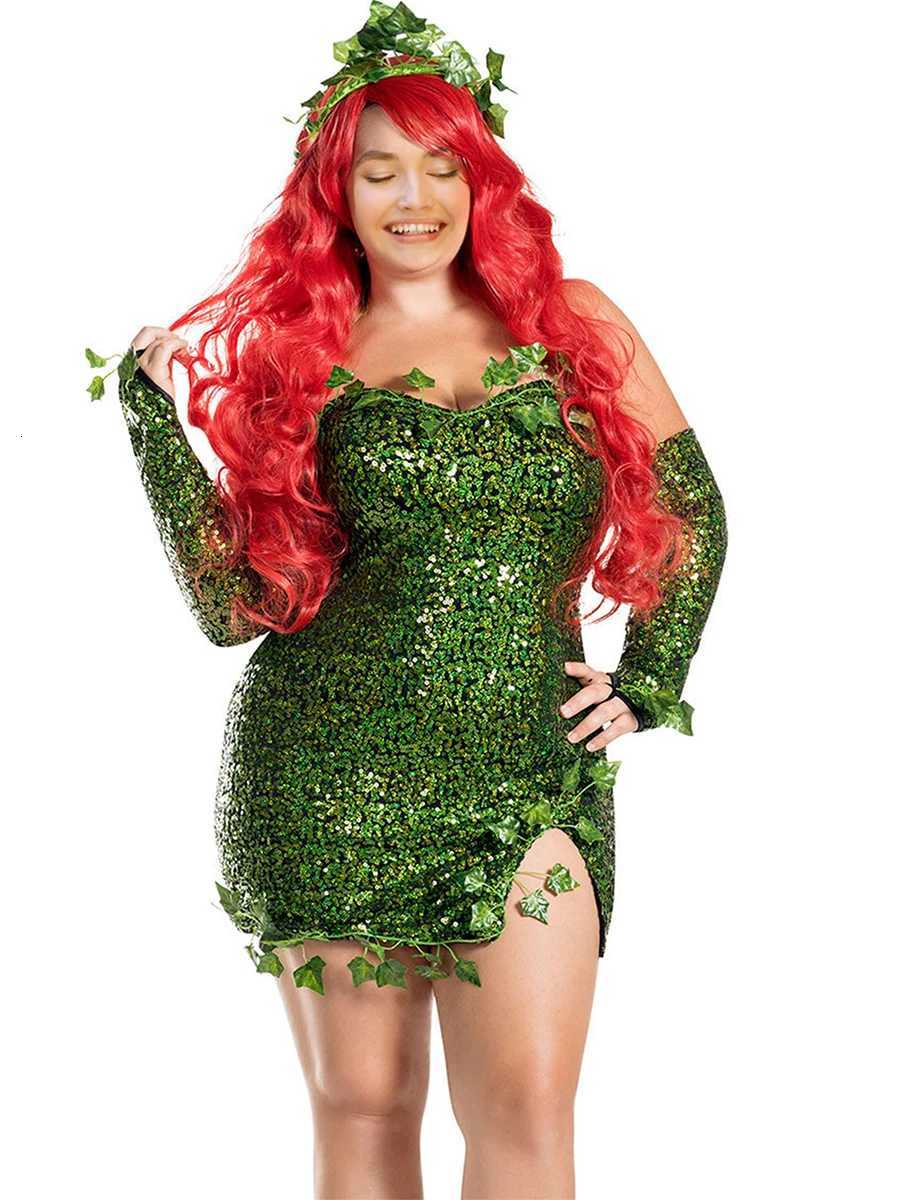 Women Green Ivy Halloween Cosplay Costume Party Deluxe Sleeveless Fake Leaves Strapless Sequin Mini Dress with Gloves Set C260331