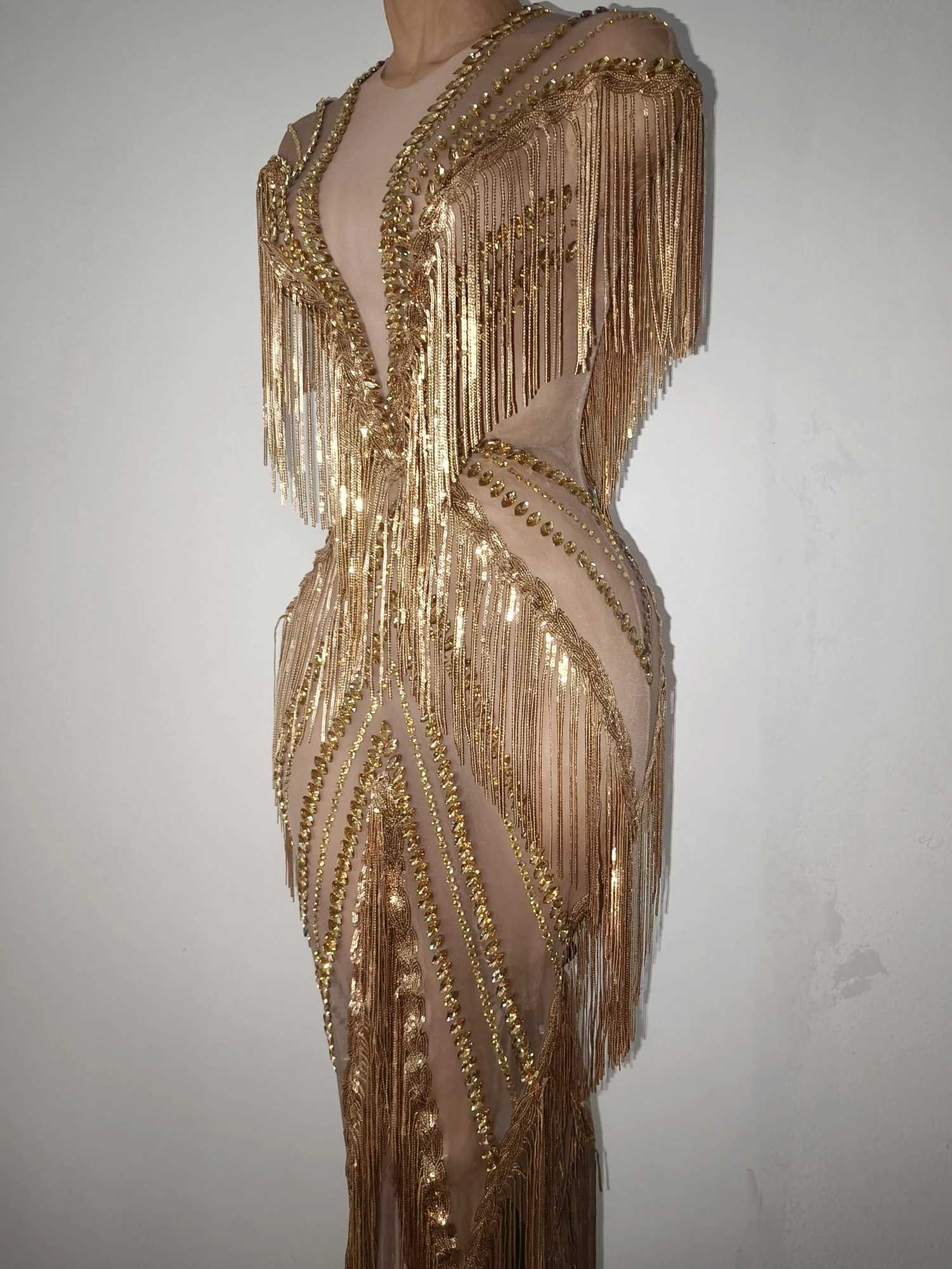 New Women Sexy Mesh Crystal Tassel Sparkly Maxi Dress See Through Gold Silver Party Singer Party Costume Stage Performance Dress C260331