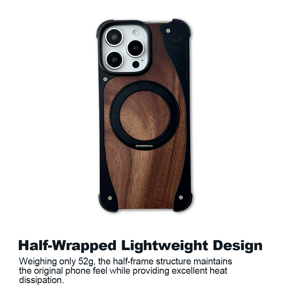 Luxury Walnut Wood MagSafe Case with Built-in Aluminum Swivel Stand for iPhone 15 pro /15 pro Max