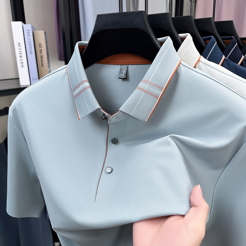 Men's Polo Shirt Summer New Solid Color Lapel Business Casual Short Sleeve Breathable Thin Mulberry Silk Top for Men - view 3