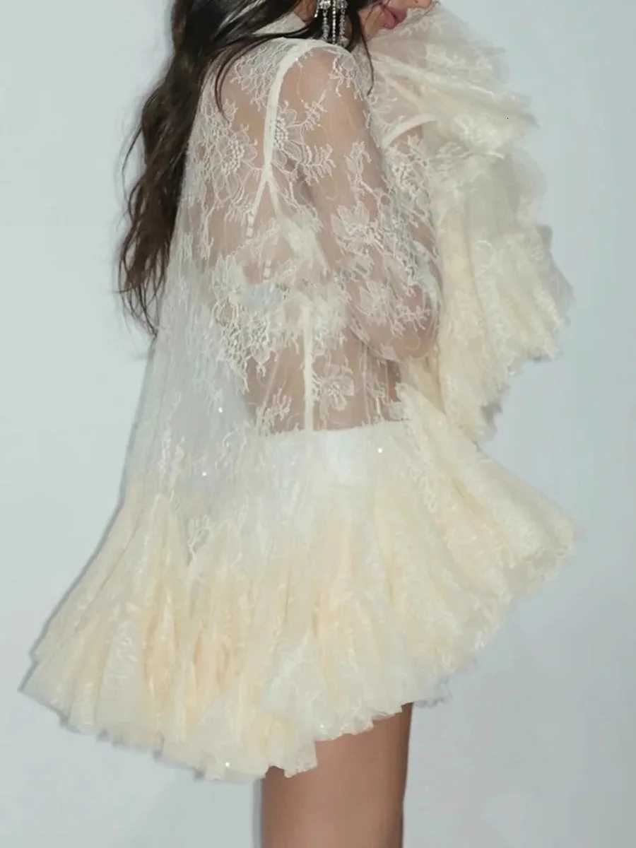 TWOTWINSTYLE Sheer Spliced Ruffles Folds Mini Dresses for Women Lapel Long Sleeves Patchwork Single Breasted Sexy Dress Female C260331