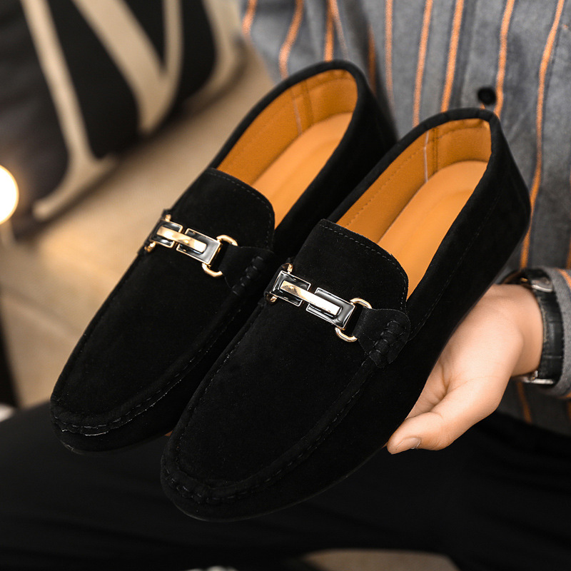 2026 Men's Suede Loafers Gold Metal Buckle Decor Slip-On Driving Shoes