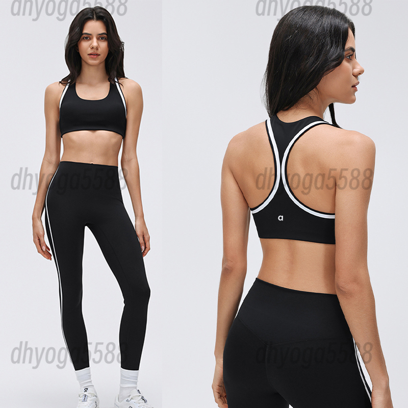 Women Yoga Set Super Sleek Contrast Sports Bra + Shaping Waist Leggings High End White Striped Suits Gym Outfits Summer Womens Running Workout Set Sportswear
