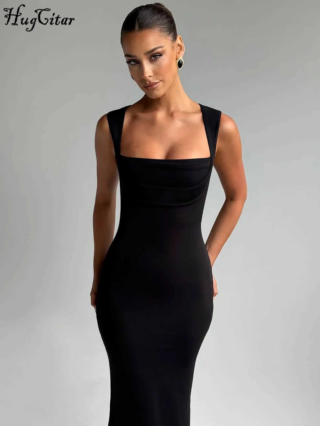 Hugcitar Women Elegant Solid Square Collar Straps Sexy Bodycon Maxi Prom Dress Summer Women Y2K Clothes Evening Party Birthday C260331