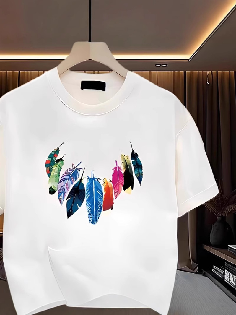 2026 Summer Men's Heavyweight T-Shirts | Colorful Feather Graphic Crew Neck Trendy Premium Youth Basic Tees