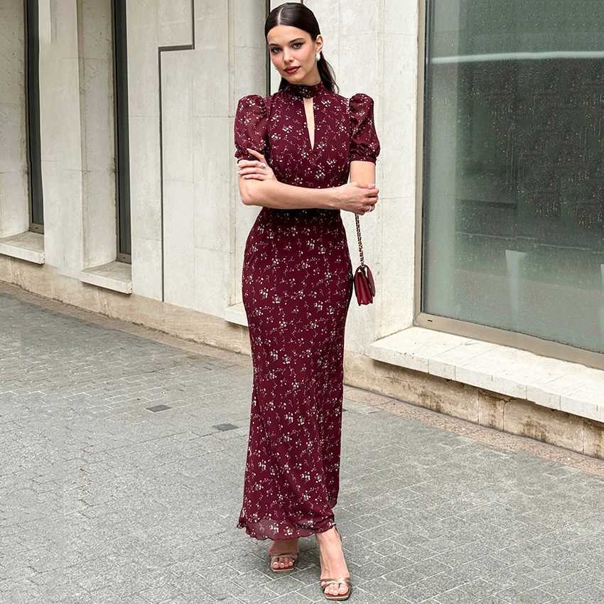 Linad Spring Elegant Print Long Dress Vintage High Waist Puff Sleeve Dresses Lady Casual Chiffon Turtleneck Dress For Women 2026 C260331