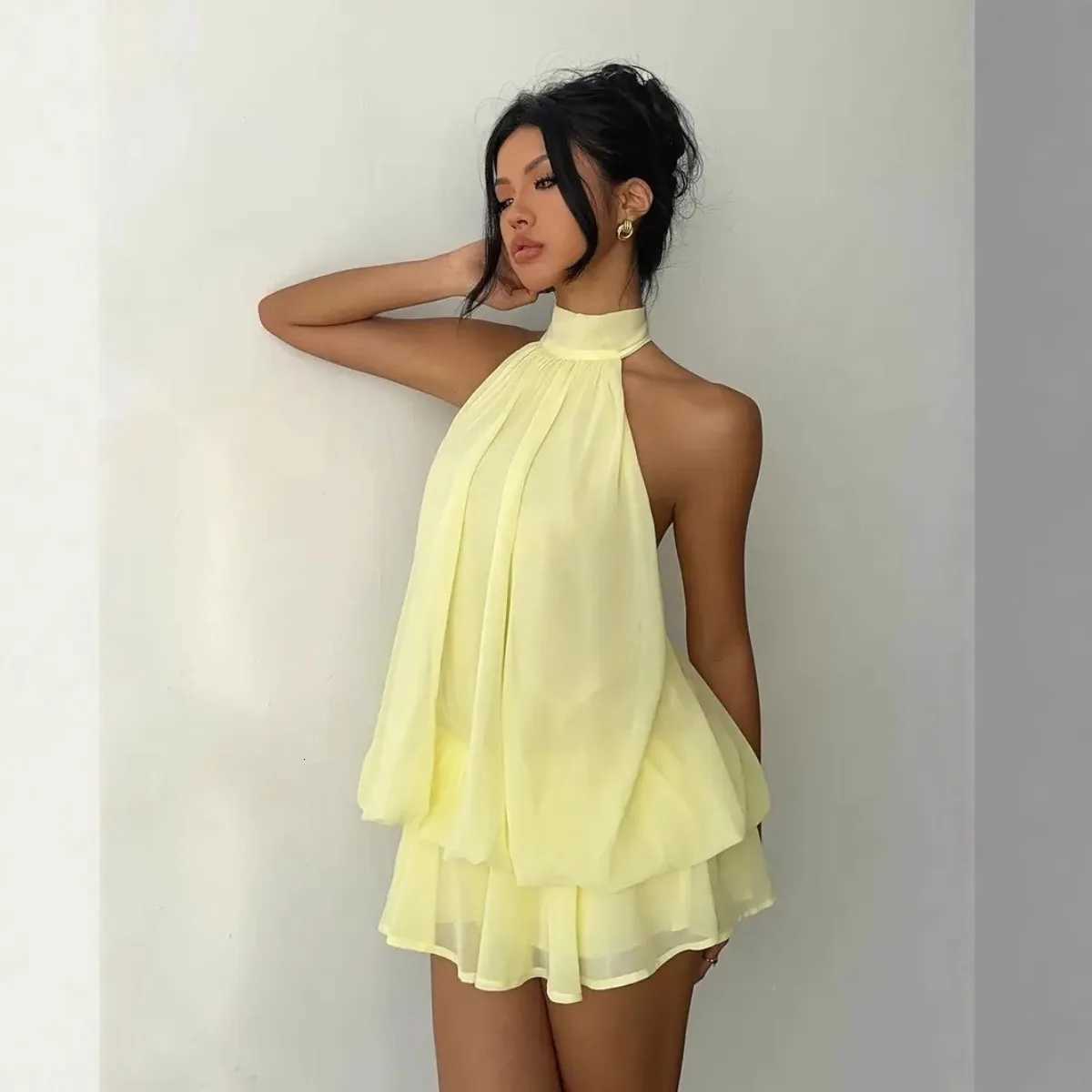 Womens Halter Neck Dress Backless Tie-Front Chiffon Sheer Mini Skirt Fashionable Sexy Y2K Vintage Cute Party Birthday Dress C260331