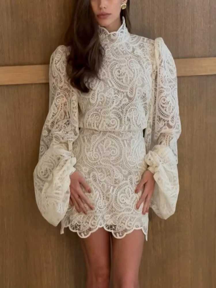 Women Solid Hollow Out Lace Mini Dress High Collar Flare Long Sleeves Short Vestidos Chic Lady Elegant Night Party Club Gowns C260331