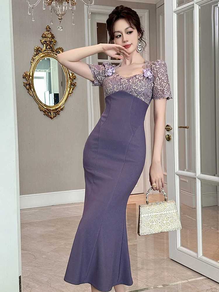 Elegant Evening Dress Womens French Sweet Sheer Lace Splice Fishtail Robe Female Party Catwalk Vestidos Banquet Clothes C260331