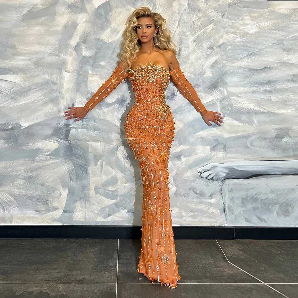 Sequin Evening Party Dress Sexy Strapless Pearls Crystals Embellished Catwalk Celebrity Prom Gown C260331