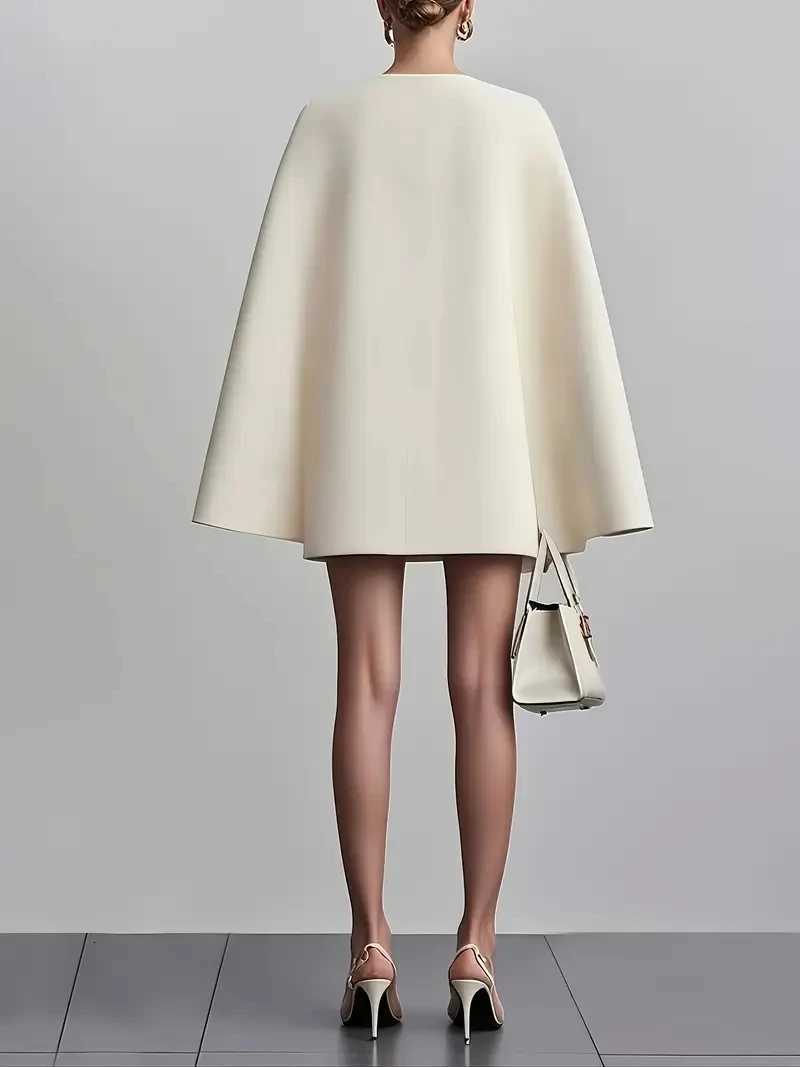 Autumn commuting double-breasted shawl cloak solid colour suit dress womens clothing C260331