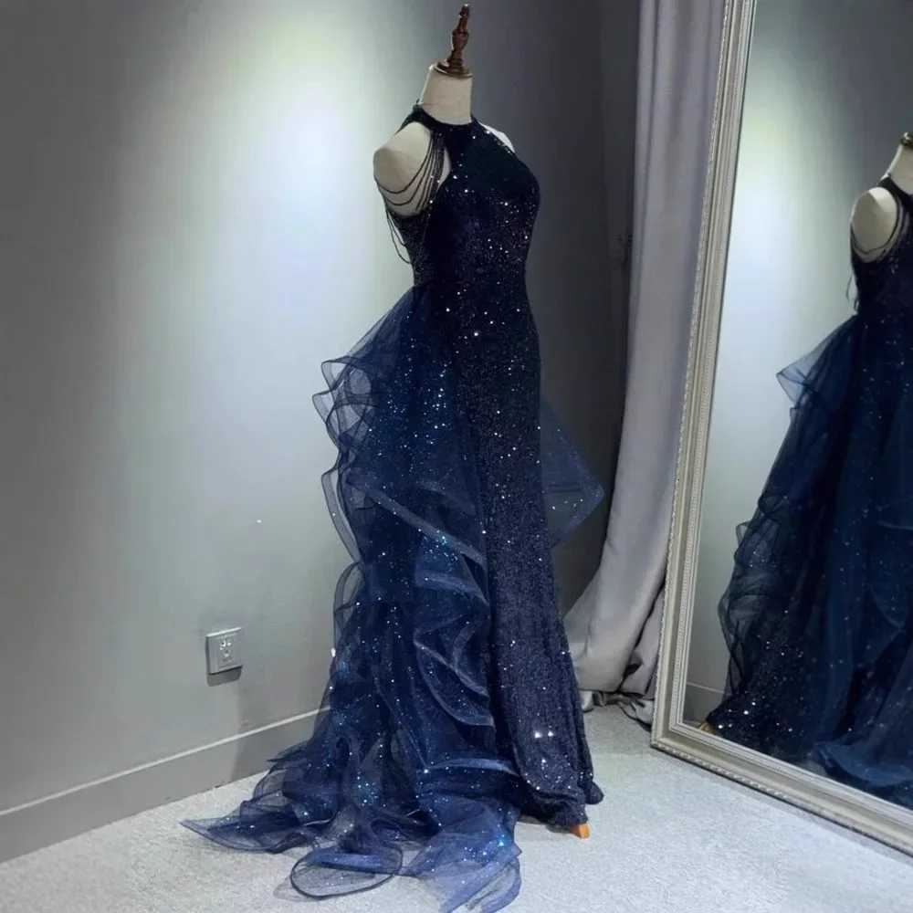 Elegant Sparking Navy Blue Evening Dresses Halt Beading Party Gown Customized Prom Dress 2025 C260331