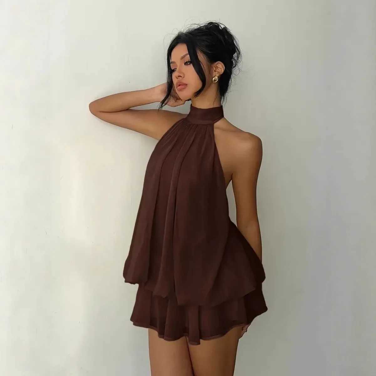 Womens Halter Neck Dress Backless Tie-Front Chiffon Sheer Mini Skirt Fashionable Sexy Y2K Vintage Cute Party Birthday Dress C260331