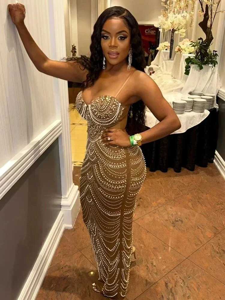 New Luxury Sparkly Crystal Rhinestone Pearl Celebrities Gown Brown Dress Woman Strap Evening Party Birthday Prom Wedding Vestido C260331