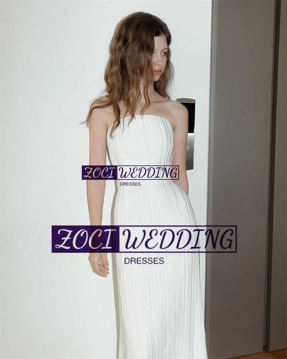 Zoci Luxury Strapless Wedding Dresses Sleeveless Pleats Satin Draped Korea Photos Shoot Dress Customized Backless Bridal Gown C260331