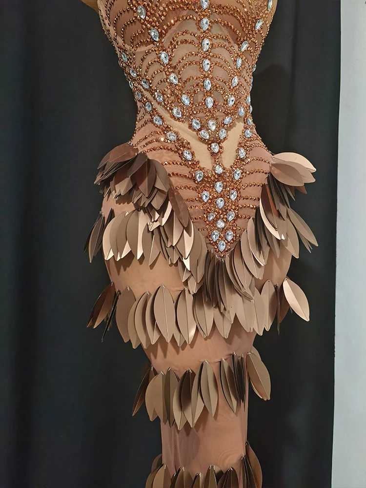 Sexy brown Leaves rhinestone Evening Dancewear fishtail dress Celebrate Catwalk Show nightclub Performance Stage Outfit costume C260331