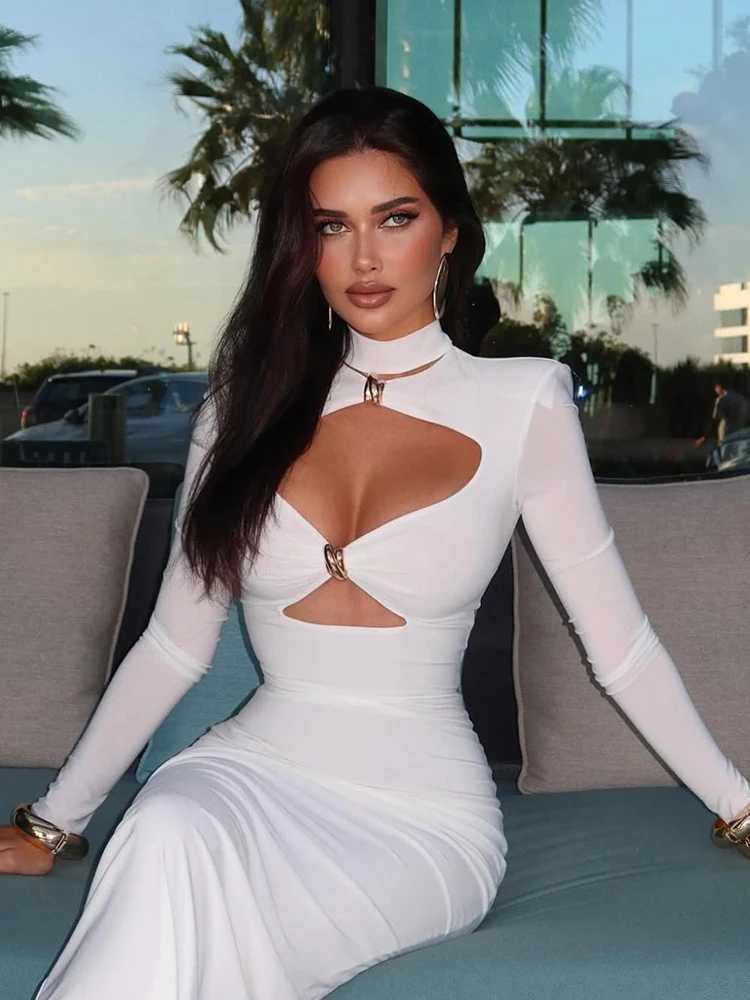 Elegant Party Dresses For Women Fashion Sexy Solid Full Sleeves Hollow Out Turtleneck Sheath Hip Wrap Long Vestidos Robes Female C260331