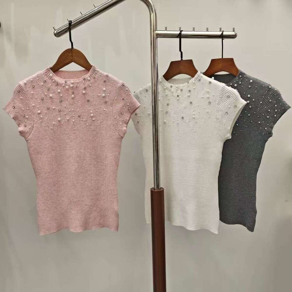 Sweet and elegant bead and rhinestone semi FC high neck short sleeved pullover knitted slim fit k30 women's top for spring and summer of 2026