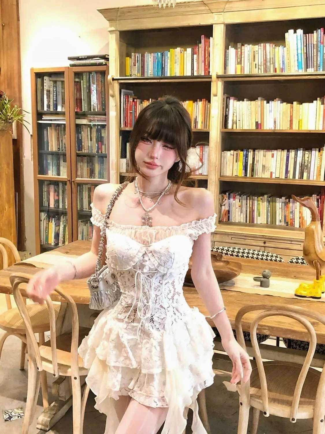 Summer Y2k Off Shoulder Sexy One Piece Dress French Vintage White Lace Slip Dresses Female Chic Design Fairy Outfits 2025 New C260331