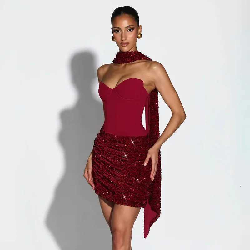 Chic Sequin Patchwork Strapless Mini Dress Women Scarf Collar Off-shoulder Waist Cinching Pleated Robe Lady Evening Party Gowns C260331