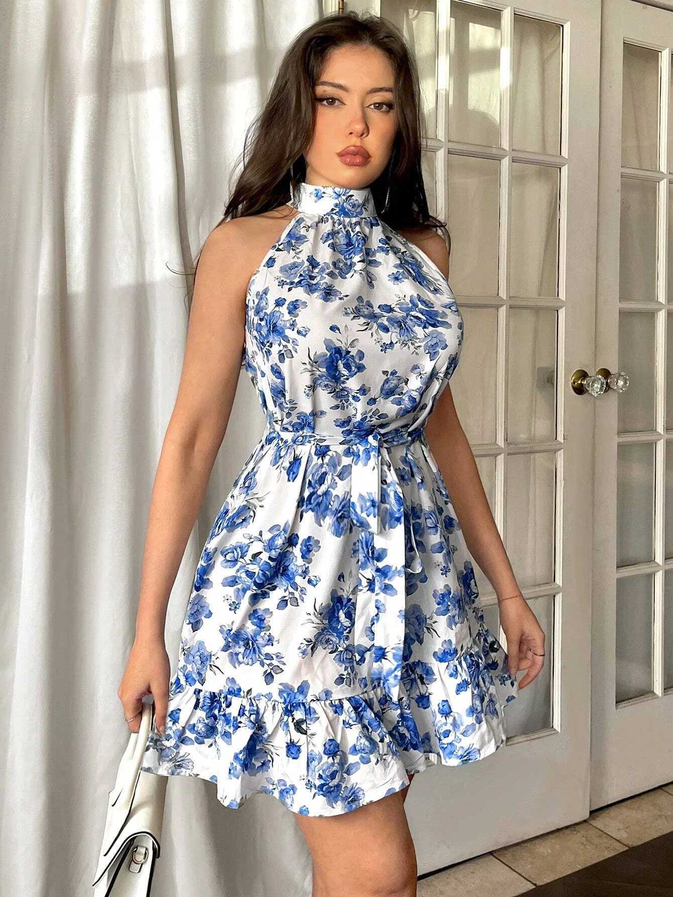 Elegant Floral Print Sleeveless Dress with Ruffle Hem - Choker Neck Knee-Length Ideal for Spring/Summer/Fall Events C260331
