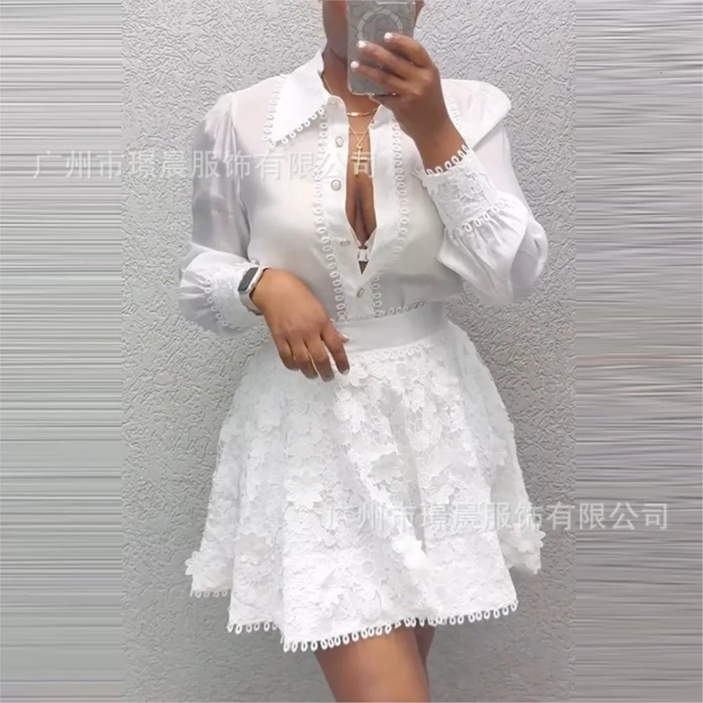 Fashion White Lace Patchwork Long-sleeved Shirt Women Dress Set Autumn Elegant Lace Short Skirt Woman 2 Piece Skirt Set 260330
