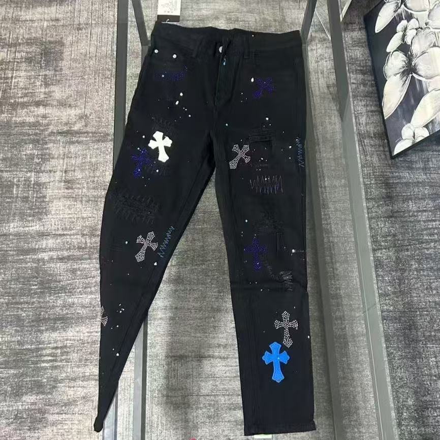 Luxury Brand Designer Clothes High Street Black Cross Rhinestone Distressed Jeans For Men, Trendy Vintage Print Slim-Fit Casual Pants In Japanese Styl