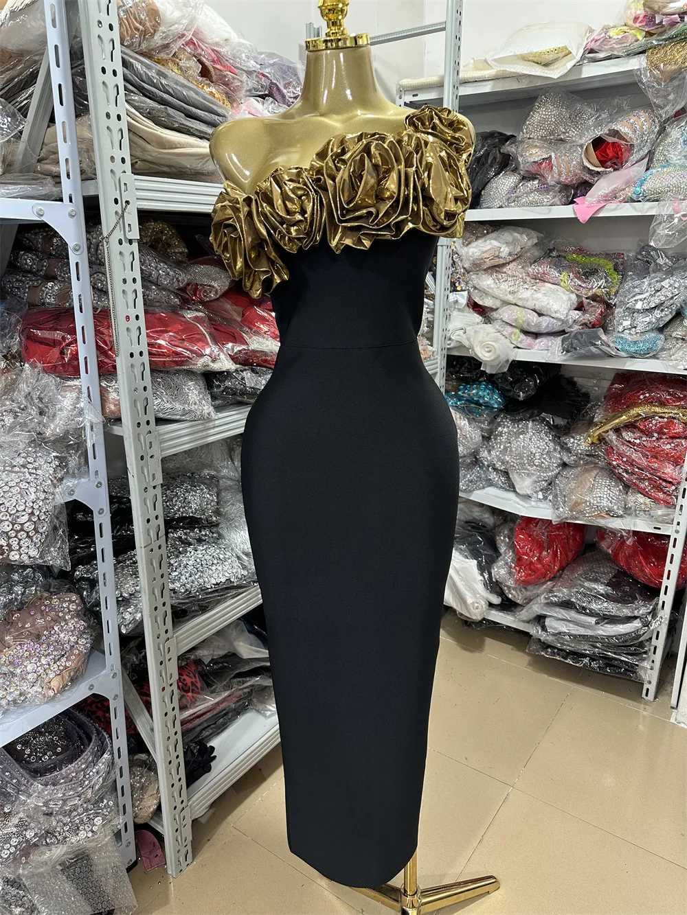 Factory Women Birthday Dress Luxury Gold Flowers One Shoulder Long Elastic Bandage Dress Celebrity Evening Party Gowns C260331