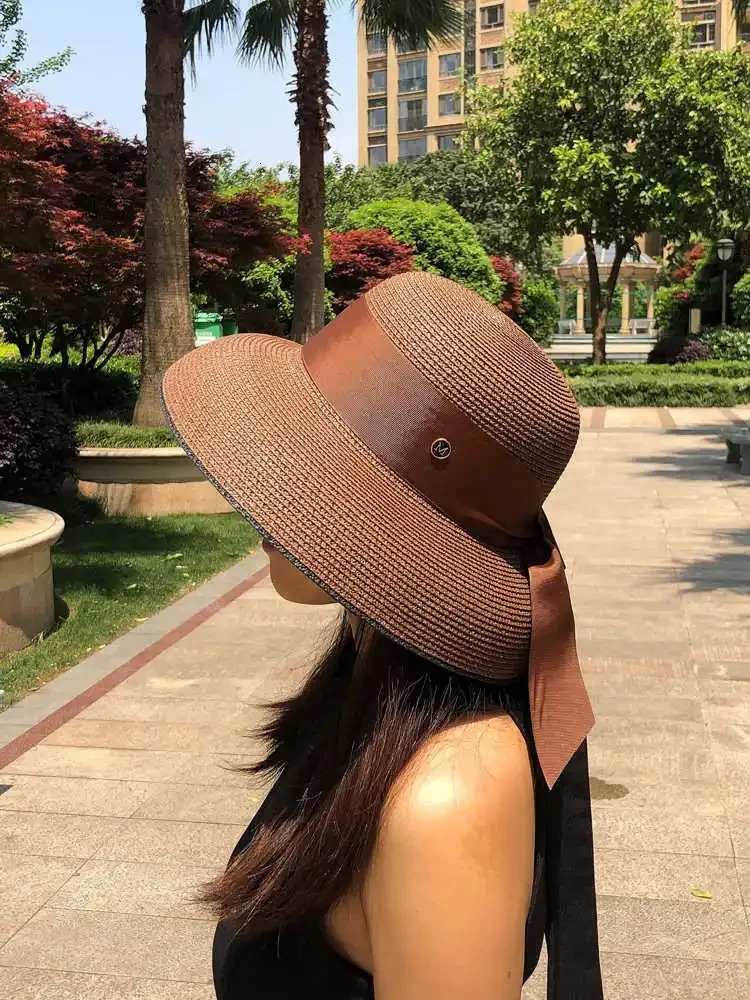 Womens French Retro Straw Sun Hat with Bow Detail - Hepburn Style Elegant Wide Brim UPF 50 Sun Protection for Beach Vacation 260330