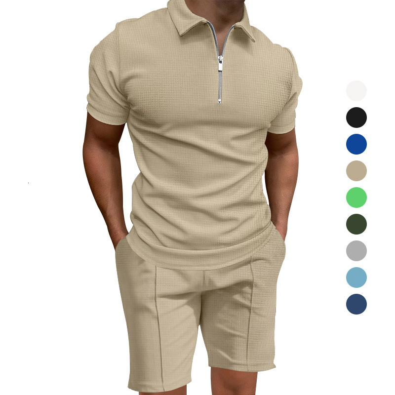 2025 Summer Mens Polo Shirt Set Solid Color Waffle Short Sleeve Slim Fit Turn-down Collar T-shirt Casual Mens Style
