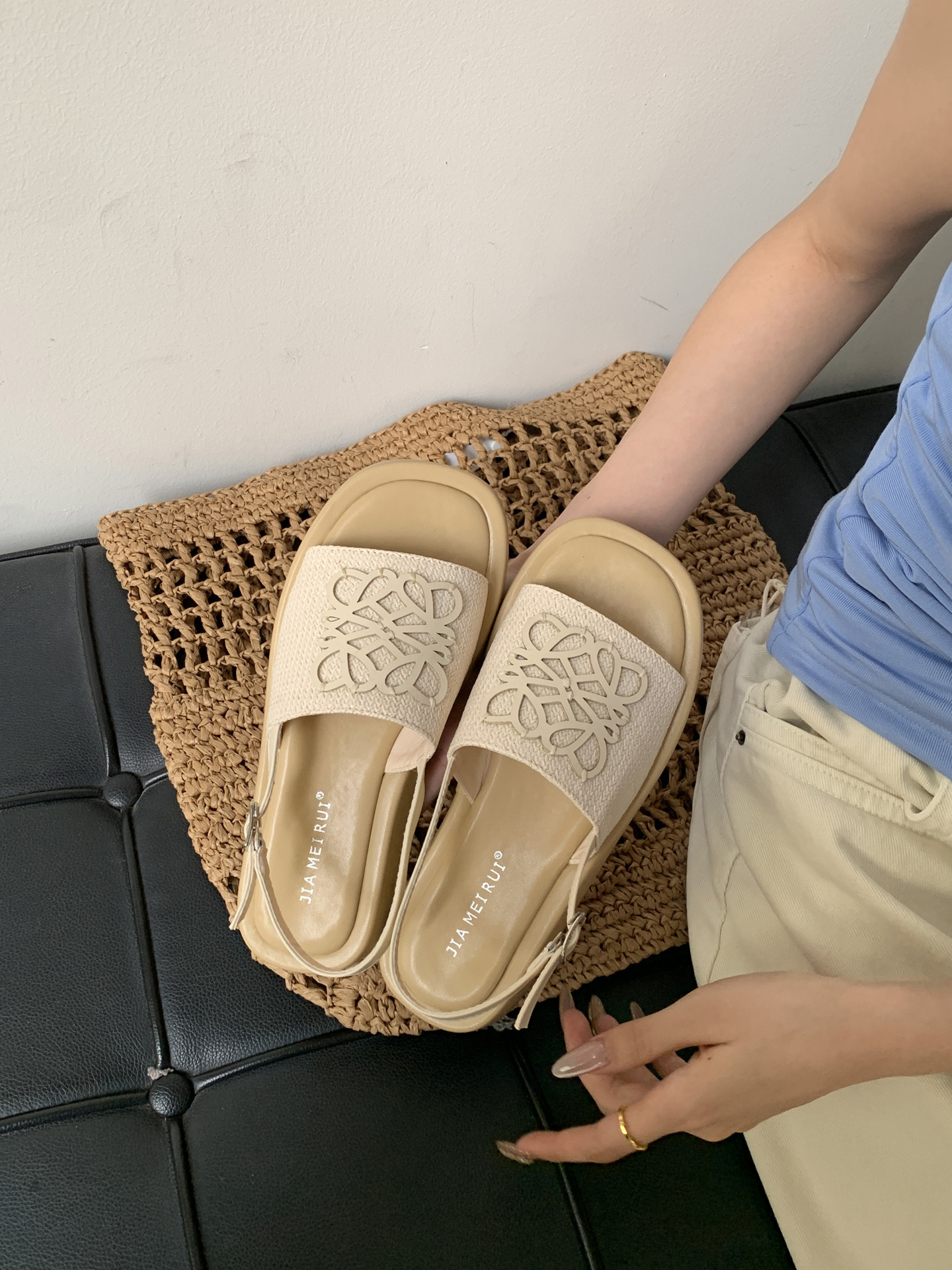 JIANERUI Free shipping hot 2026 luxury Knitted square toed Roman sandals women breathable