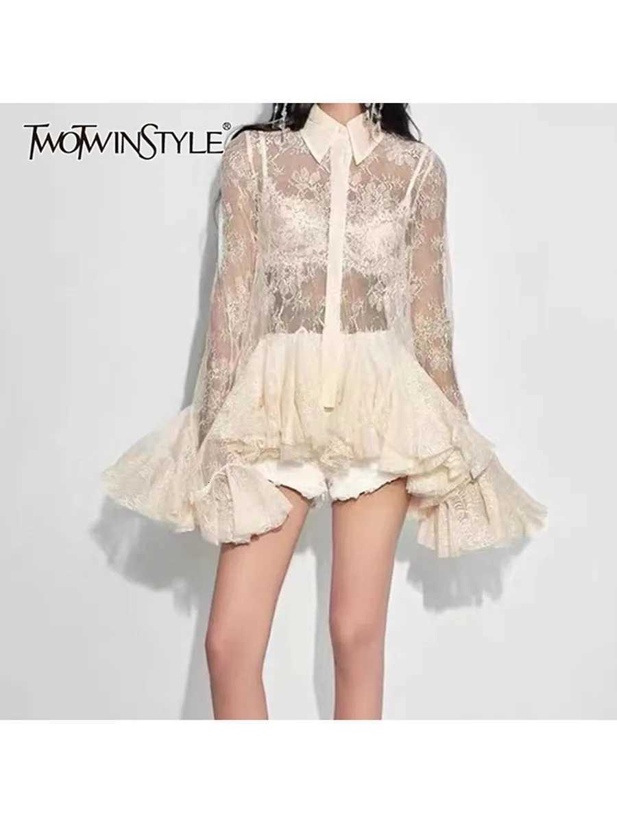 TWOTWINSTYLE Sheer Spliced Ruffles Folds Mini Dresses for Women Lapel Long Sleeves Patchwork Single Breasted Sexy Dress Female C260331