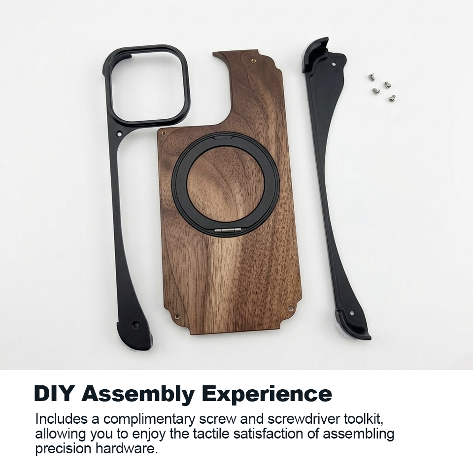 Luxury Walnut Wood MagSafe Case with Built-in Aluminum Swivel Stand for iPhone 15 pro /15 pro Max