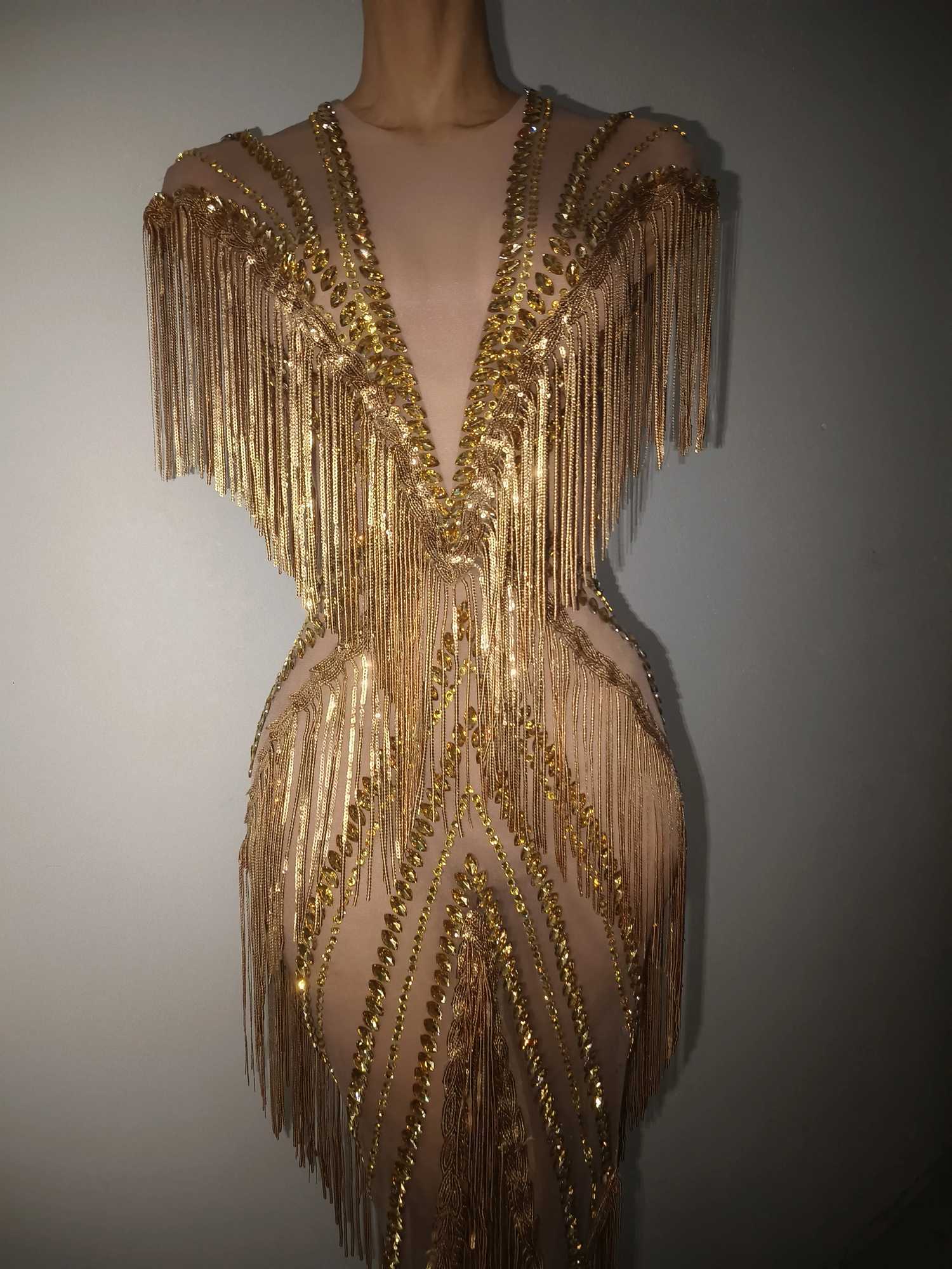 New Women Sexy Mesh Crystal Tassel Sparkly Maxi Dress See Through Gold Silver Party Singer Party Costume Stage Performance Dress C260331