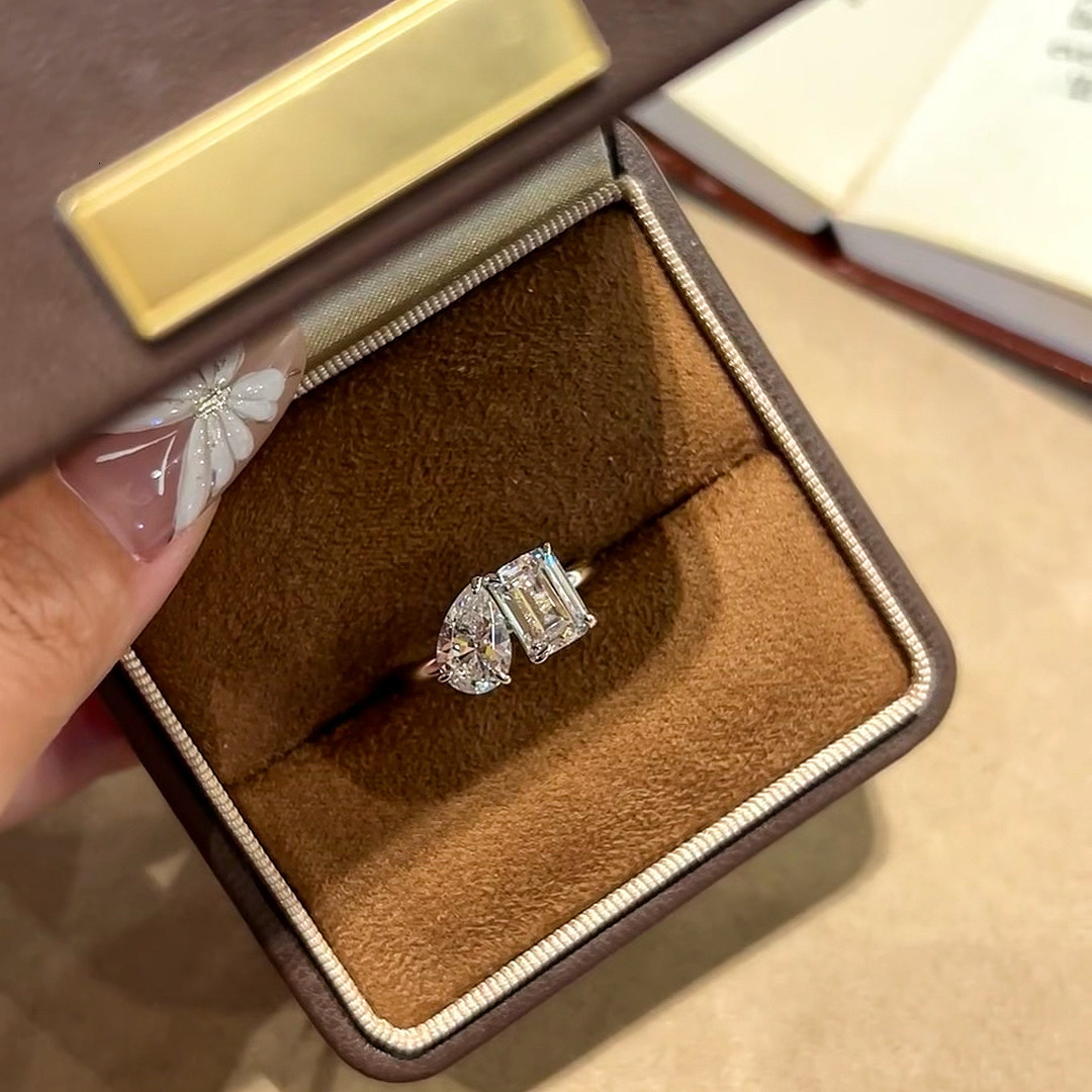 French Vintage Teardrop-Shaped Diamond Ring: Designer 24K Gold-Plated, Exquisite Geometric Dual-Stone Ring for the Ring Fingerg