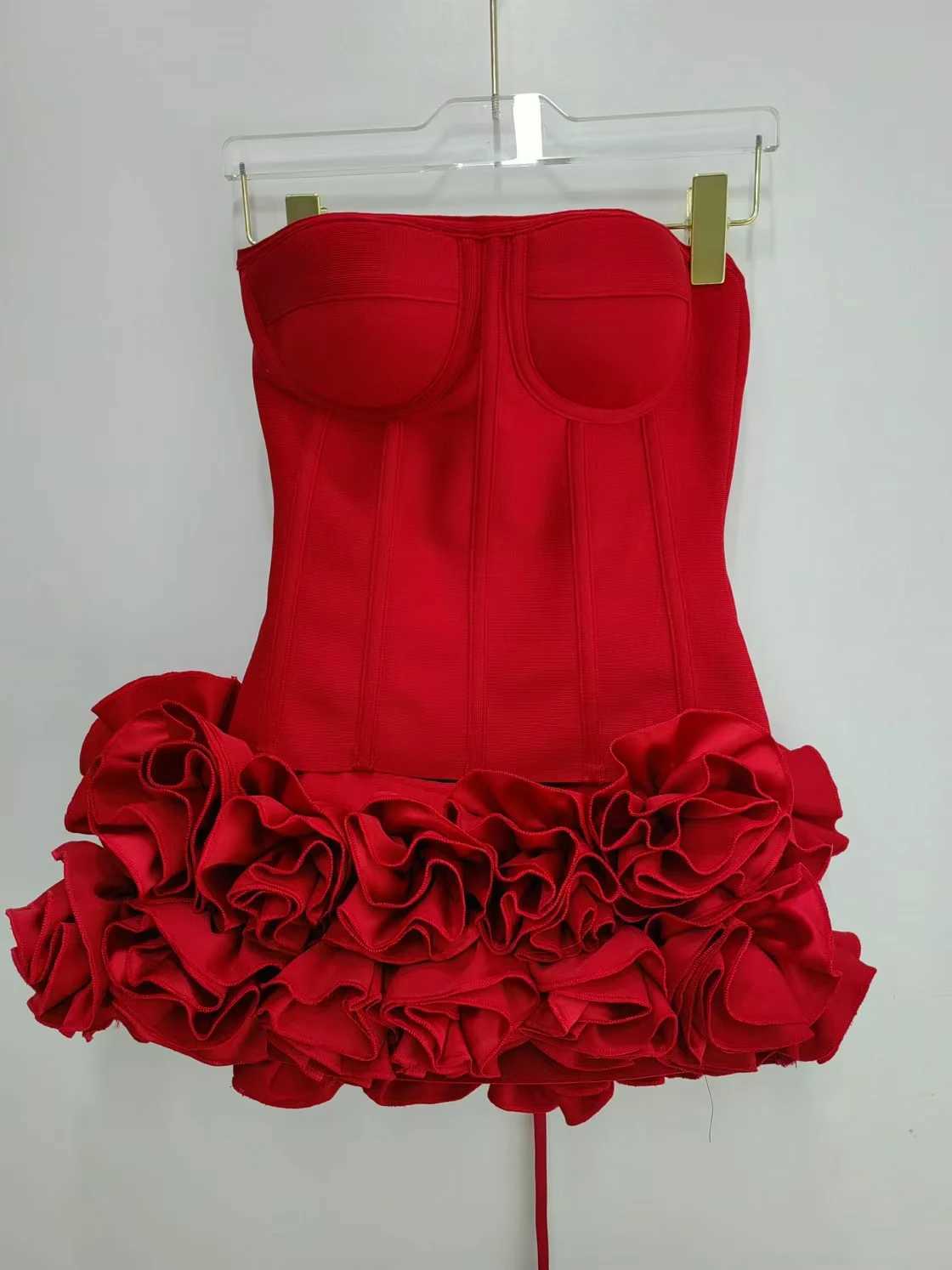 Real Photos Red Club Outfits Women Bandage Strapless Corset Crop Top and Flowers Mini Short Skirt Two Piece Sets Evening Dress C260331