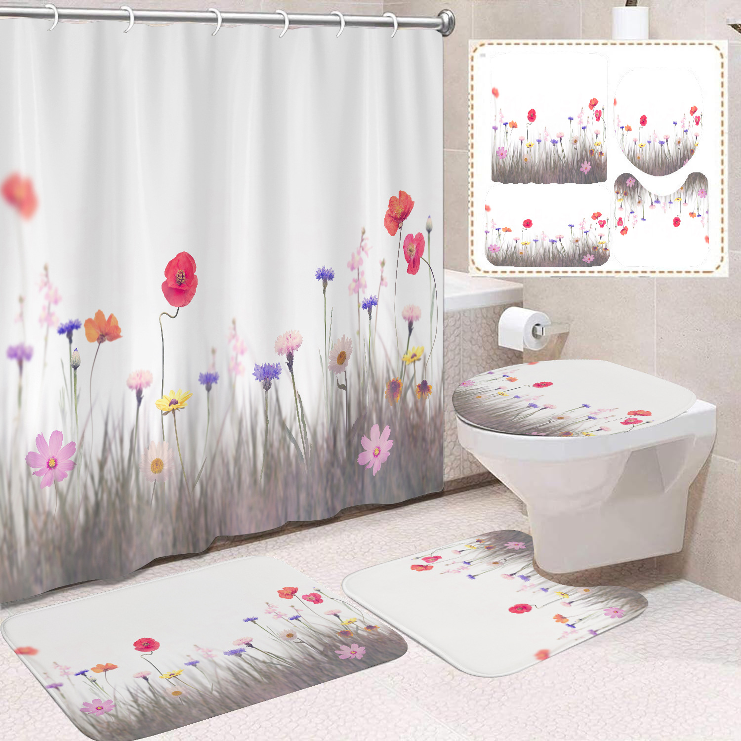 YL-38415 Floral Shower Curtain and Mat Set (4 Pieces) - Bathroom Dry and Wet Separation, Toilet Isolation Curtain, Modern Minimalist Style