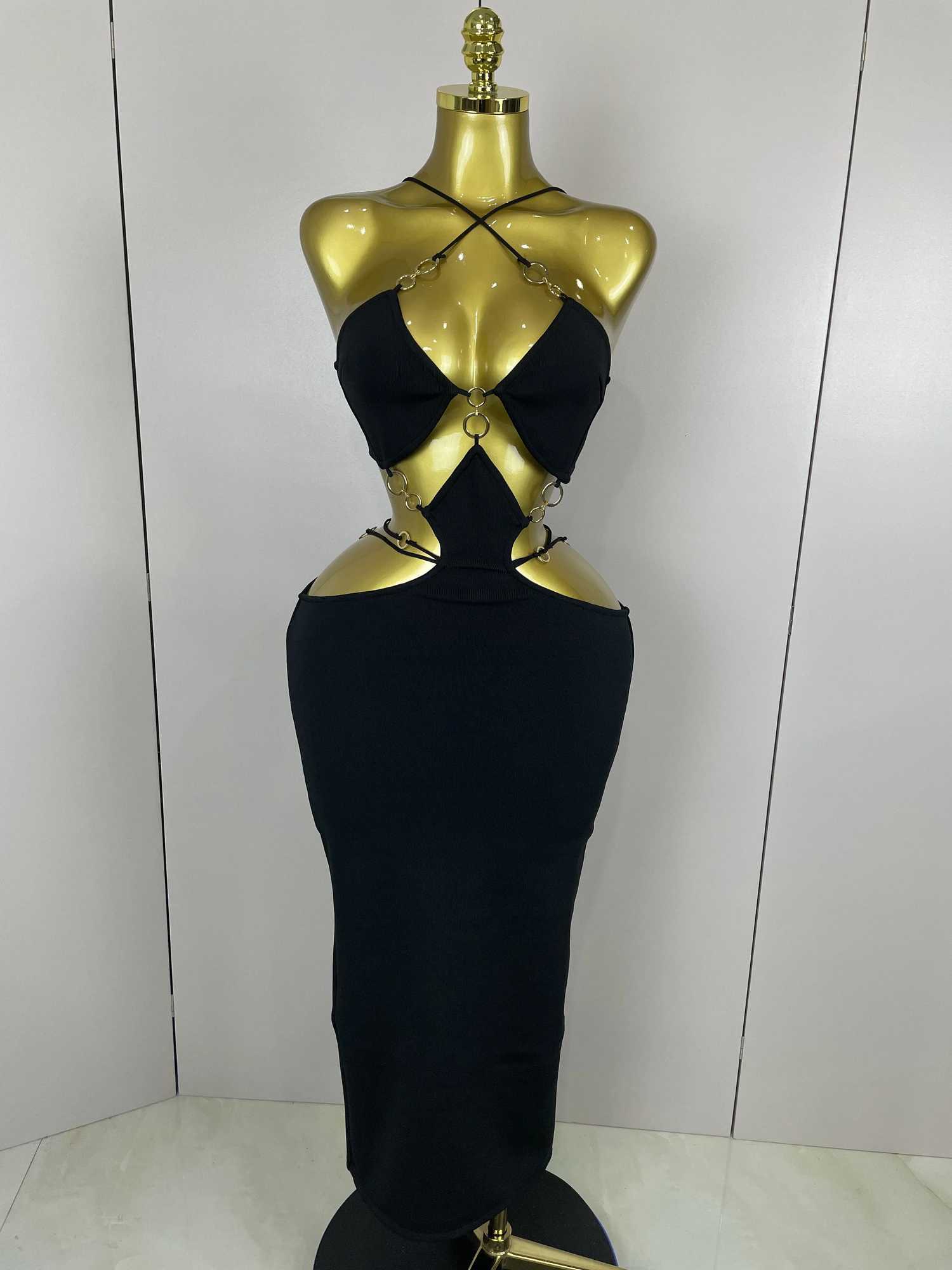 Sexy Halter Hollow Out Sleeveless Black Red Bodycon Long Bandage Dress 2025 Women Celebate Elegant Luxury Birthday Club Dress C260331