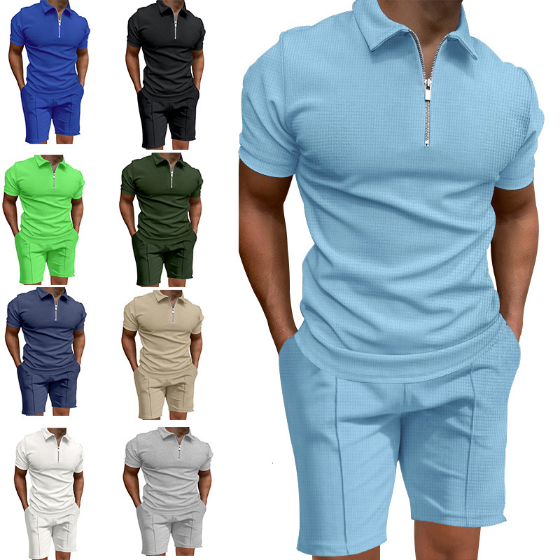 2025 Summer Mens Polo Shirt Set Solid Color Waffle Short Sleeve Slim Fit Turn-down Collar T-shirt Casual Mens Style